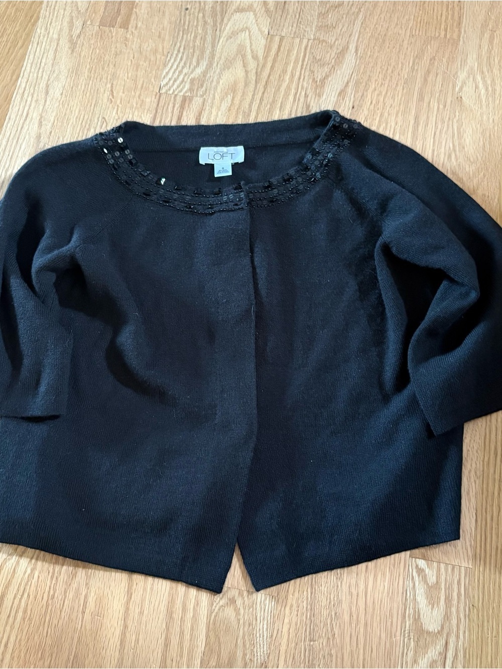 LOFT Black Beaded Neck Cropped Sweater Small Wool Blend Cardigan